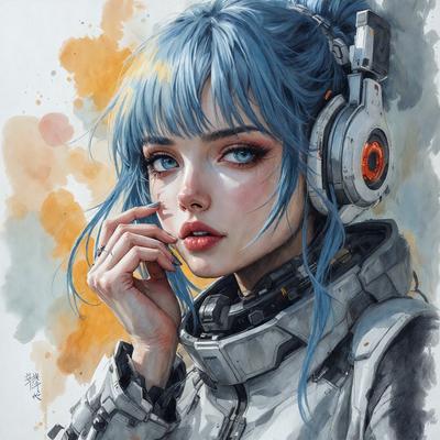 The primary subject of the image is a woman wearing a white outfit and headphones. She is looking down at her hands, possibly holding a cell phone. The setting is a room with a yellow background, which adds a warm and inviting atmosphere to the scene. The visual style is a combination of digital art and illustration, creating a detailed and realistic representation of the woman. The colors and mood of the image are predominantly white and neutral, giving it a clean and calm appearance.